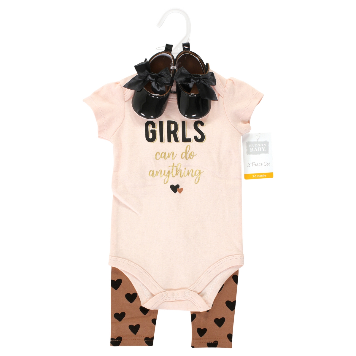 Hudson Baby Baby Girls Cotton Bodysuit, Pant and Shoe Set,- Cinnamon hearts short sleeve