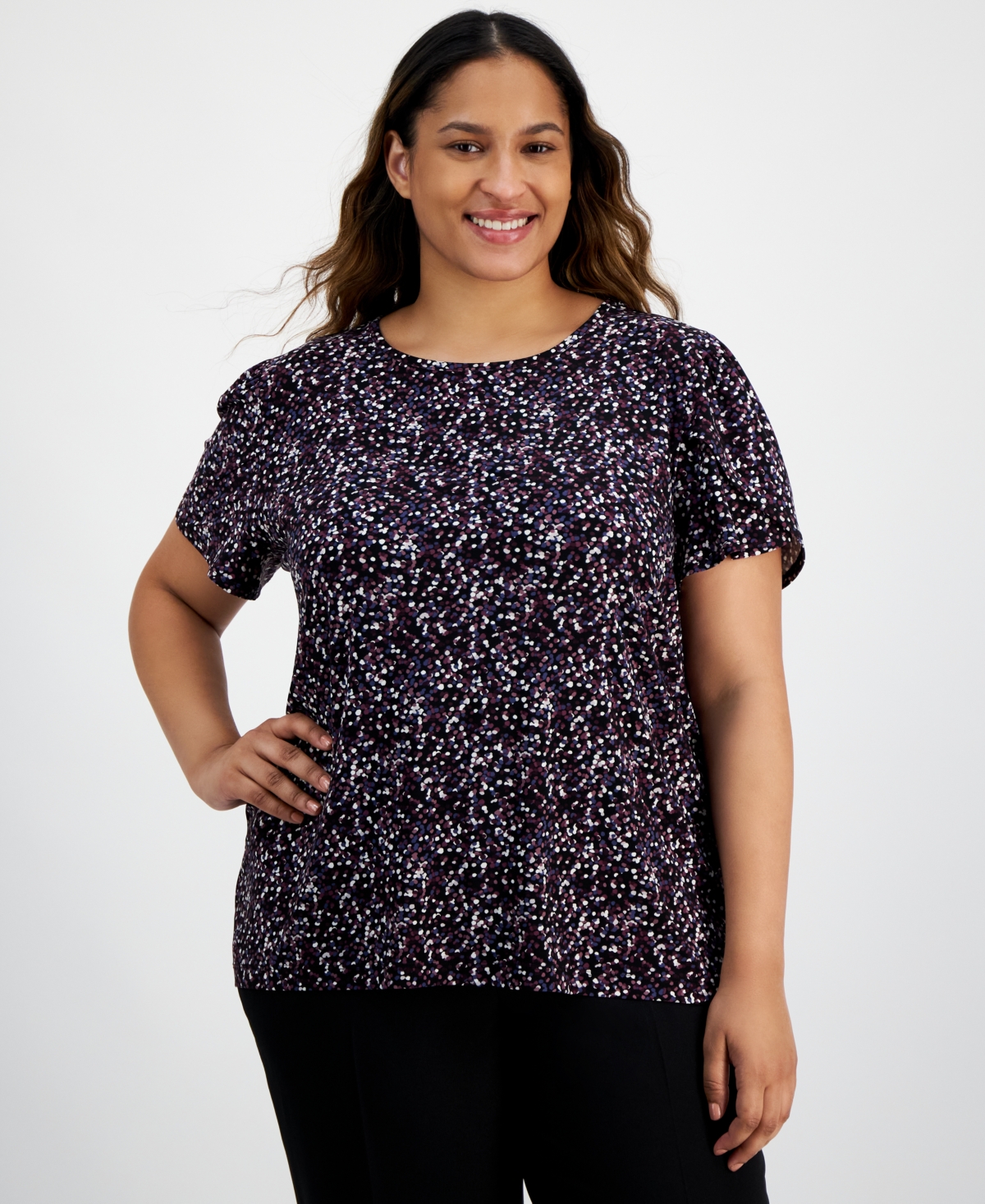 Ak Anne Klein Anne Klein Plus Size Printed Tulip-sleeve Top In Rioja Multi