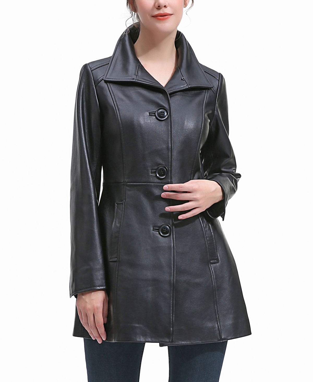 Petite Sarai Leather Coat - Black