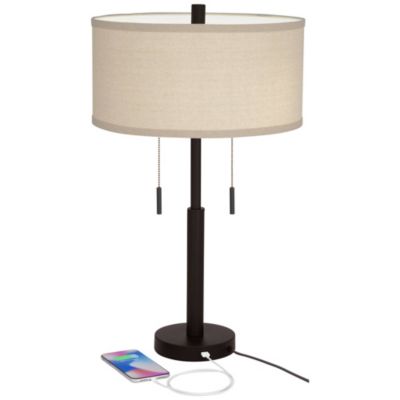 Bernie Industrial Table Lamps 25" High Set of 2 Rich Bronze with USB Charging Port Tan Drum Shade for Bedroom Living Room Bedside