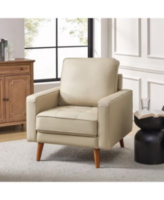 Mid-century Modern Elizabeth Genuine Leather Armchair with Wood Flared Legs