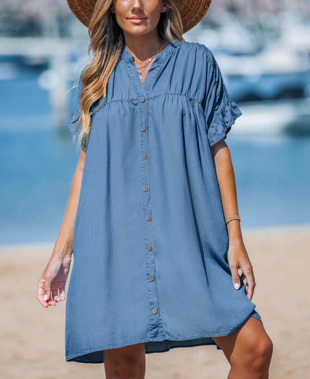 Women's Denim Front Button Ruffle Sleeve Mini Beach Dress - Light/pastel blue