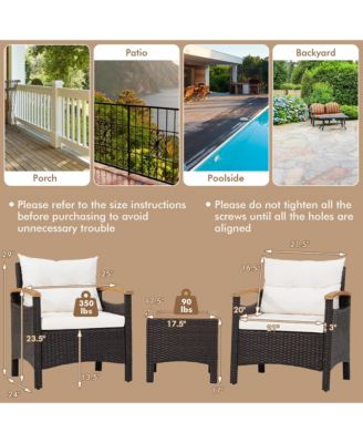 3PCS Patio PE Rattan Conversation Furniture Set Bistro Set Acacia Wood Tabletop