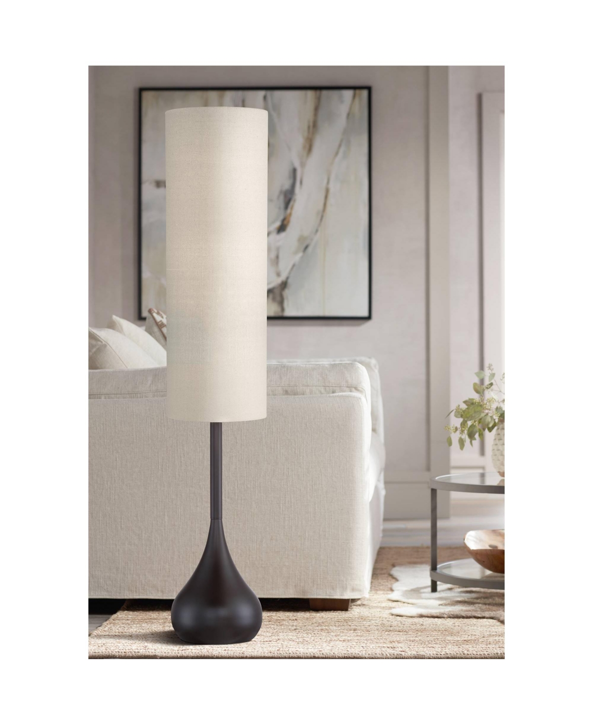 Possini Euro Design Mid Century Modern Retro Floor Lamp Standing Tall Dark Bronze Metal Droplet Off-White Cotton Cylinder Shade Decor for Living R