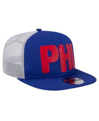 Men's Royal Philadelphia 76ers Puff Print Team Code A-Frame 9FIFTY Trucker Snapback Hat