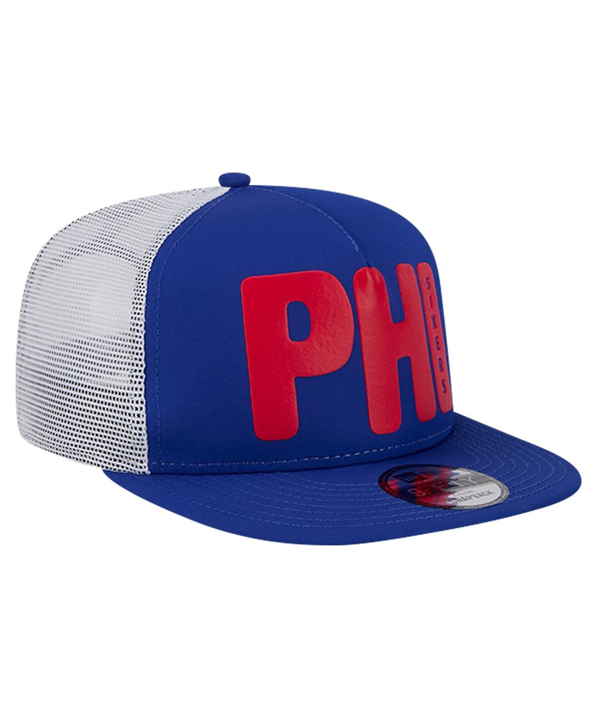 NEW ERA MEN'S ROYAL PHILADELPHIA 76ERS PUFF PRINT TEAM CODE A-FRAME 9FIFTY TRUCKER SNAPBACK HAT 
