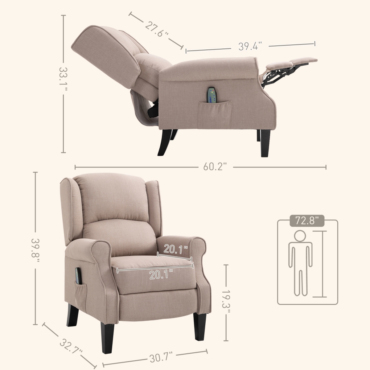 Homcom Wingback Heated Vibrating Massage Chair, Accent Sofa Vintage Upholstered Massage Recliner Chair Push-back with Remote Controller,- Beige