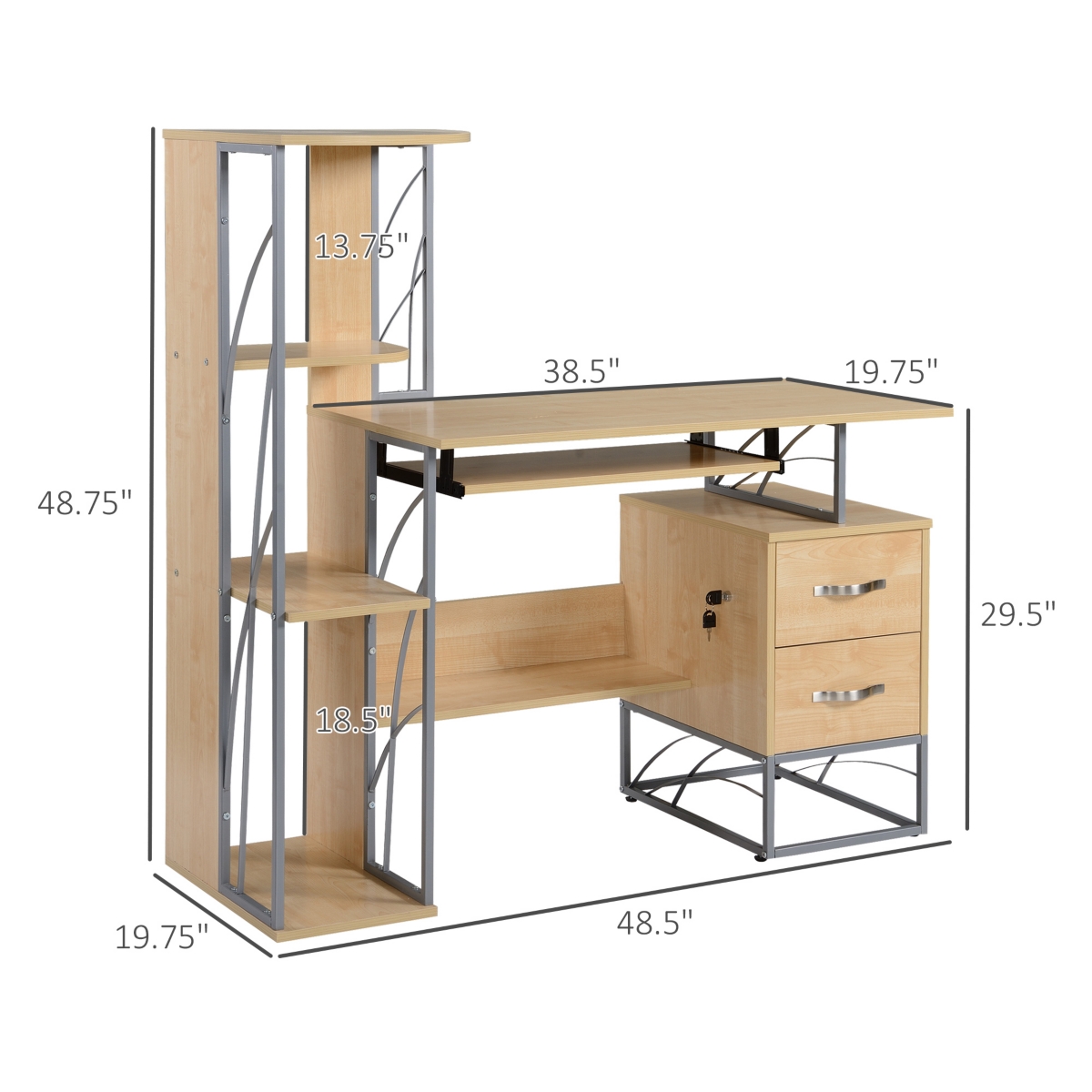 Homcom Modern Computer Writing Desk Pc Workstation w/Shelves & Drawers, Natural - silver