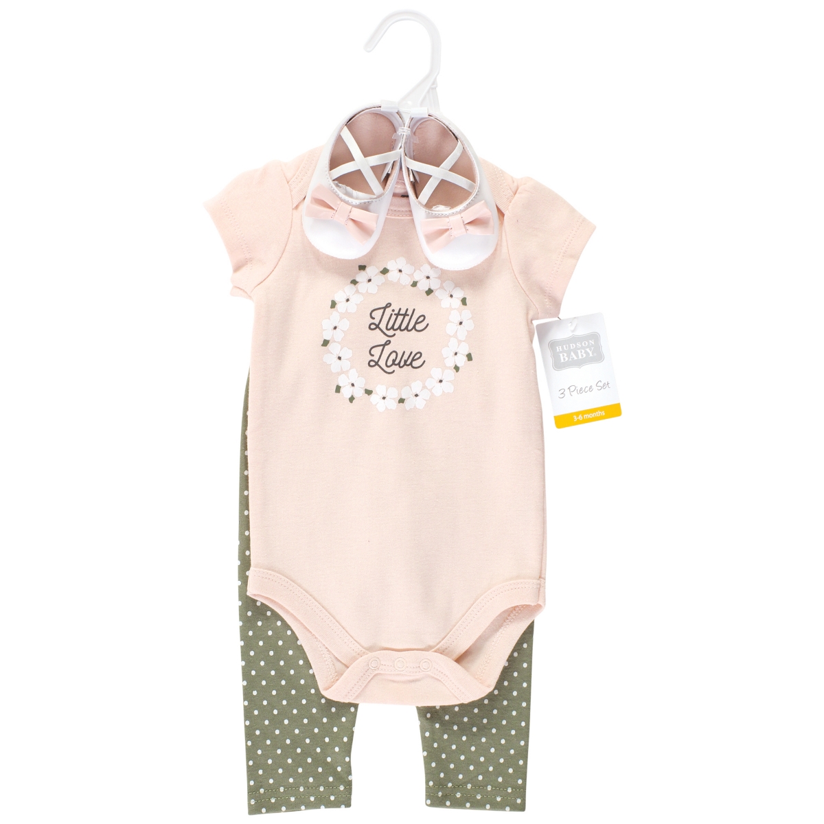 Hudson Baby Baby Girls Cotton Bodysuit, Pant and Shoe Set,- Sage floral wreath short sleeve