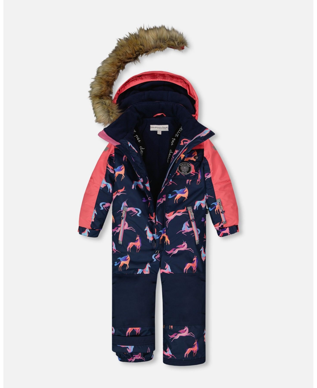 Deux par Deux Toddler Girls One Piece Snowsuit- Navy printed unicorn