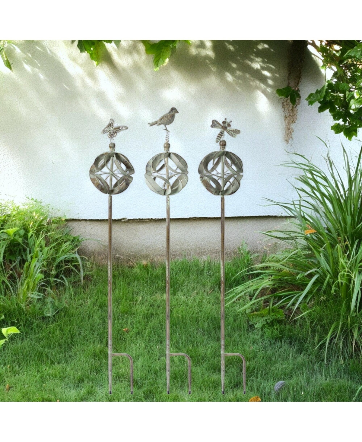 Slickblue Ornamental Metal Garden Stake With Bird And Insect Accents (Set of 3)