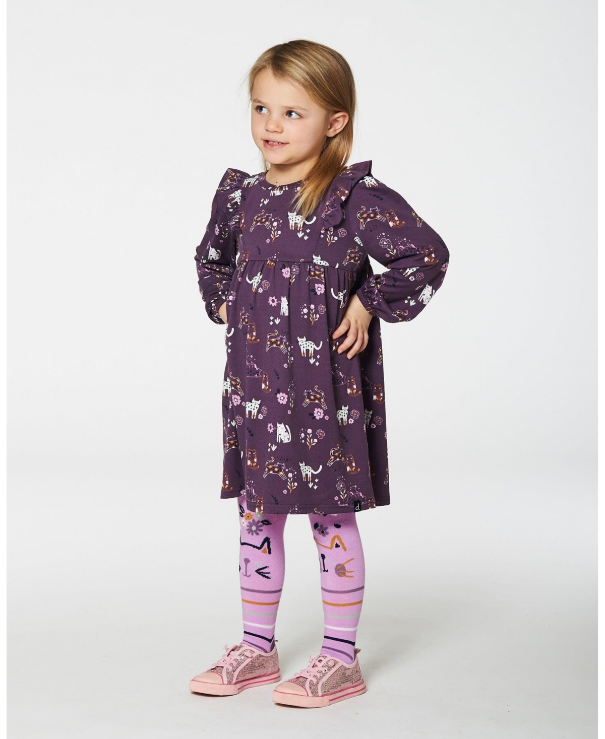 Deux par Deux Baby Girls Baby Dress With Frills- Mauve printed cats