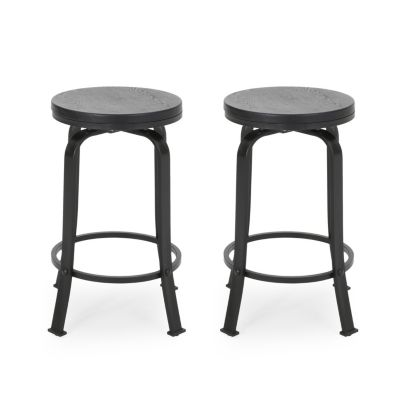 Modern Industrial Swivel Counter Stool with Faux Wood Seat