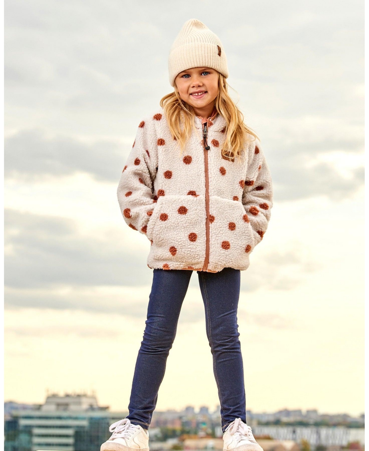 Deux par Deux Big Girls Reversible Sherpa Jacket Pinky Brown With Dots - Pinky brown with dots