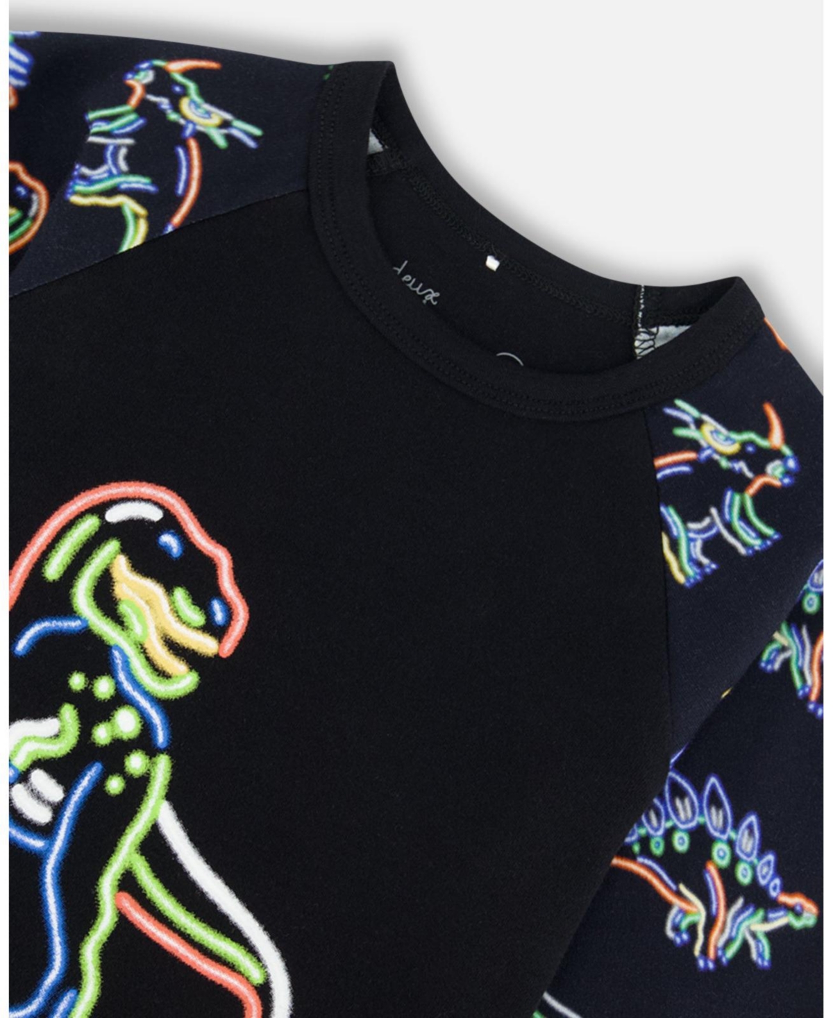 Deux par Deux Big Boys Organic Cotton Two Piece Pajama Set- Black printed neon dino