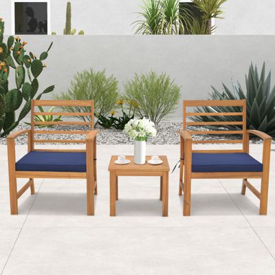 3PCS Furniture Set Acacia Wood Conversation Set w/ Soft Seat Cushions Outdoor