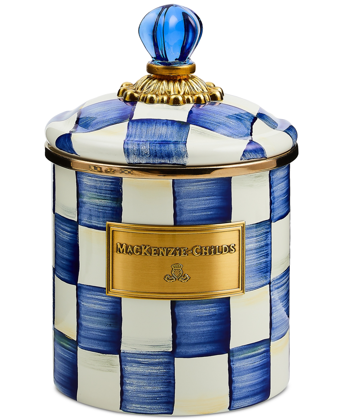 MACKENZIE-CHILDS ROYAL CHECK ENAMELED STEEL SMALL CANISTER 