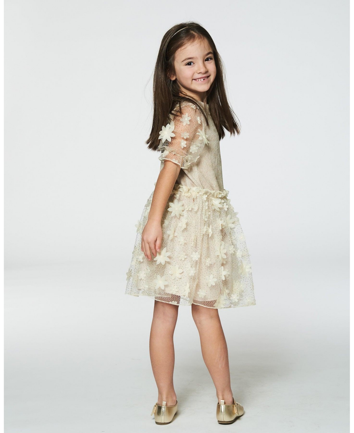Deux par Deux Big Girls Elbow Sleeve Dress With Tulle Skirt- Glittering beige