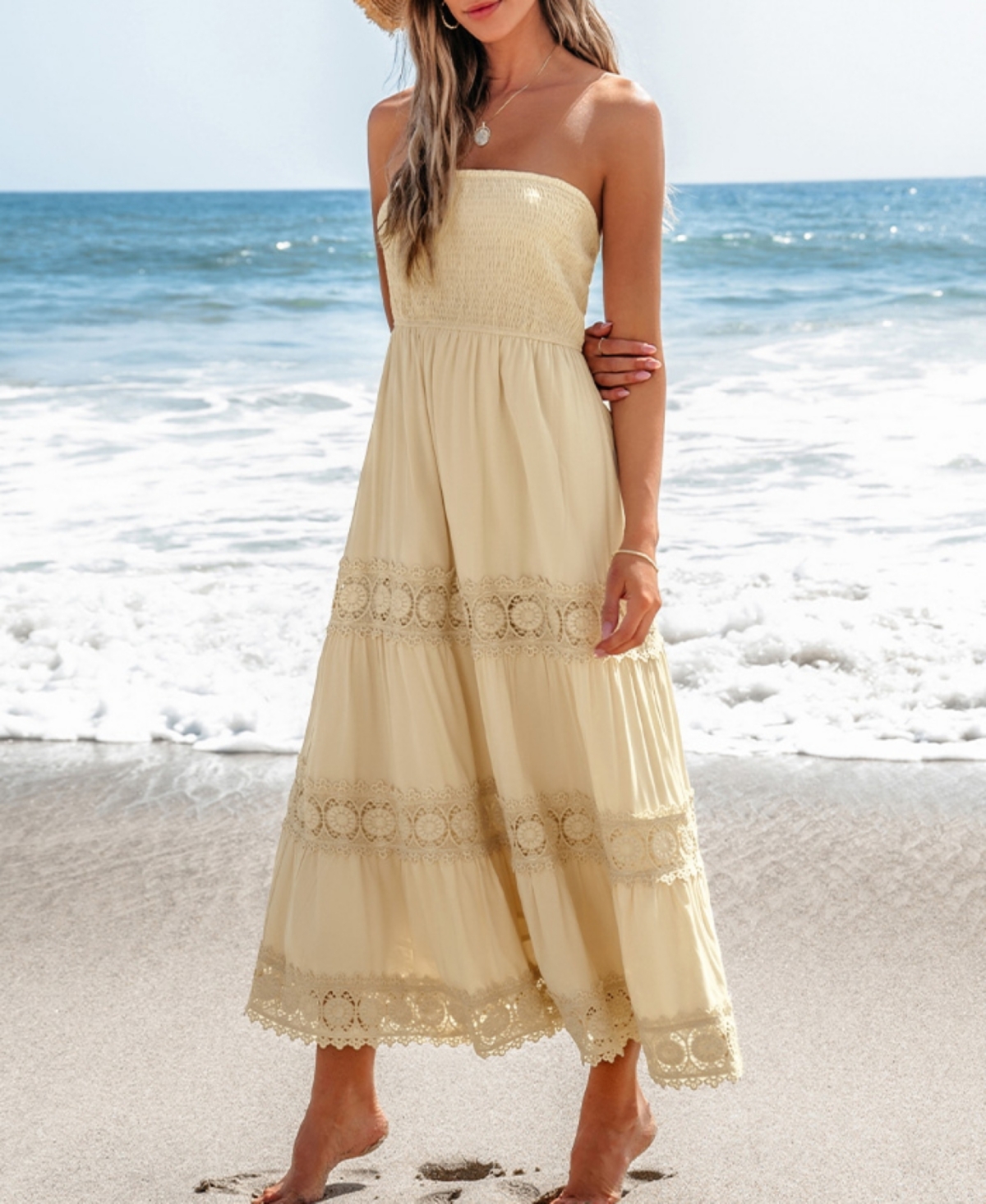 Cupshe Women's Apricot Smocked Bodice Lace Trim Midi Tube Beach Dress -khaki