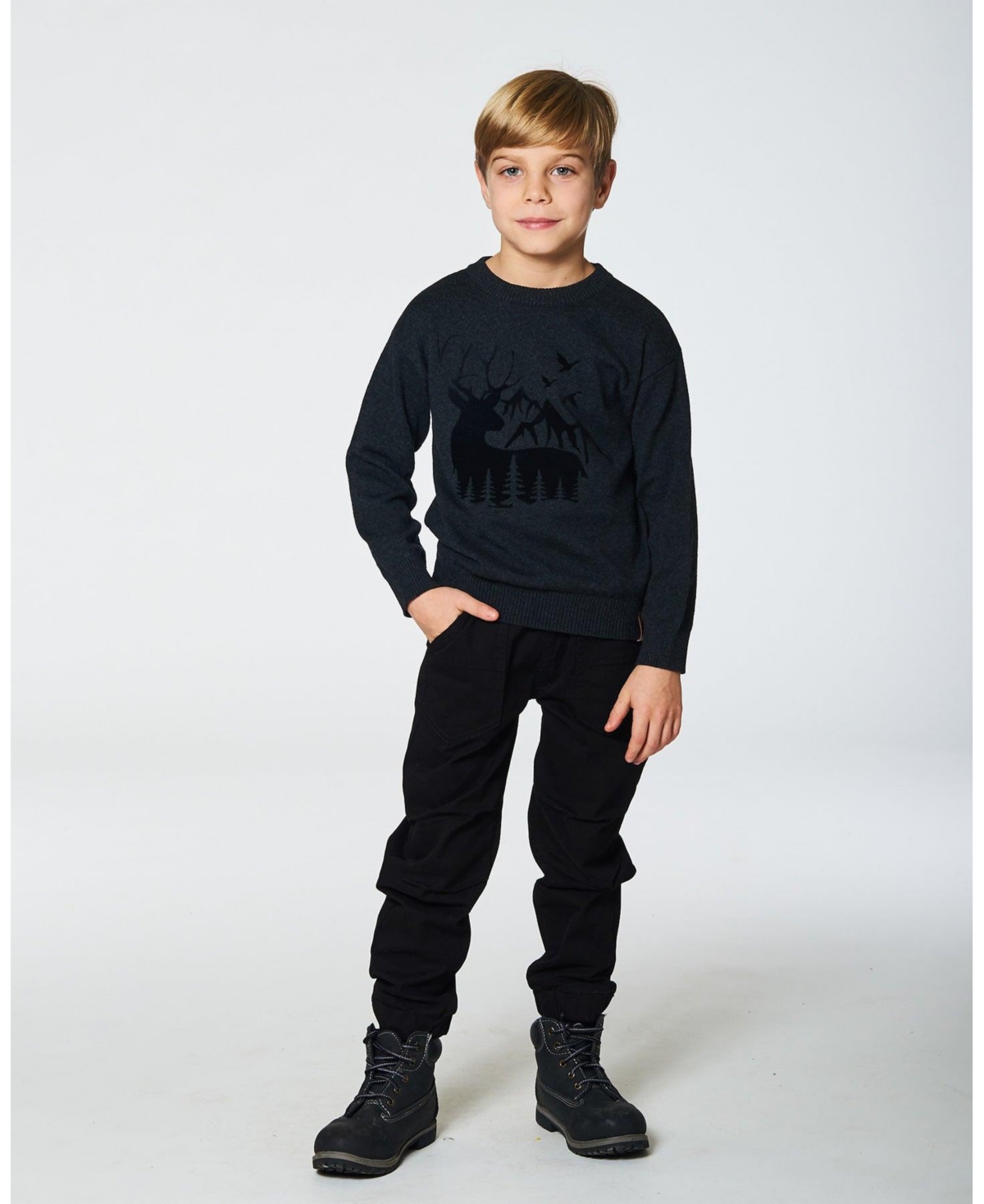 Deux par Deux Big Boys Sweater With Deer Flocking- Dark gray