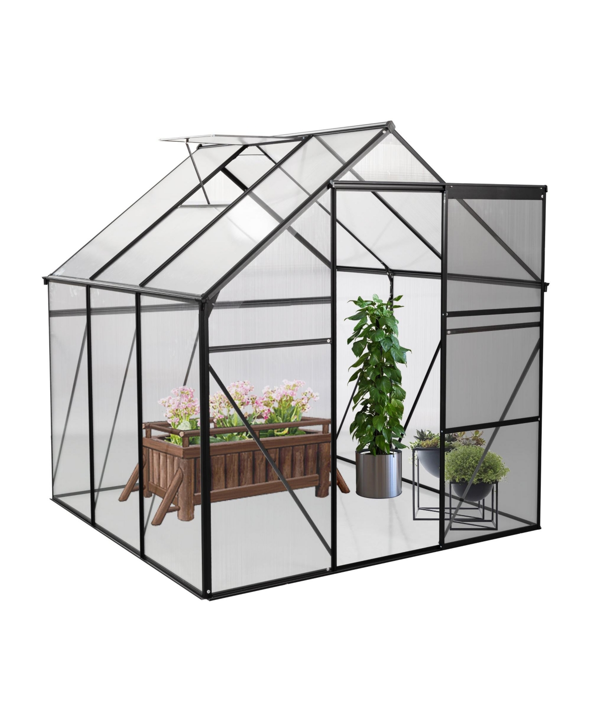 6X6FT-black Polycarbonate Greenhouse Raised Base and Anchor Aluminum - White