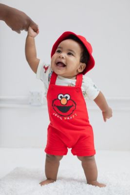 Toddler Boys Elmo French Terry Short Overalls T-Shirt and Hat 3 Piece Outfit Set Newborn to