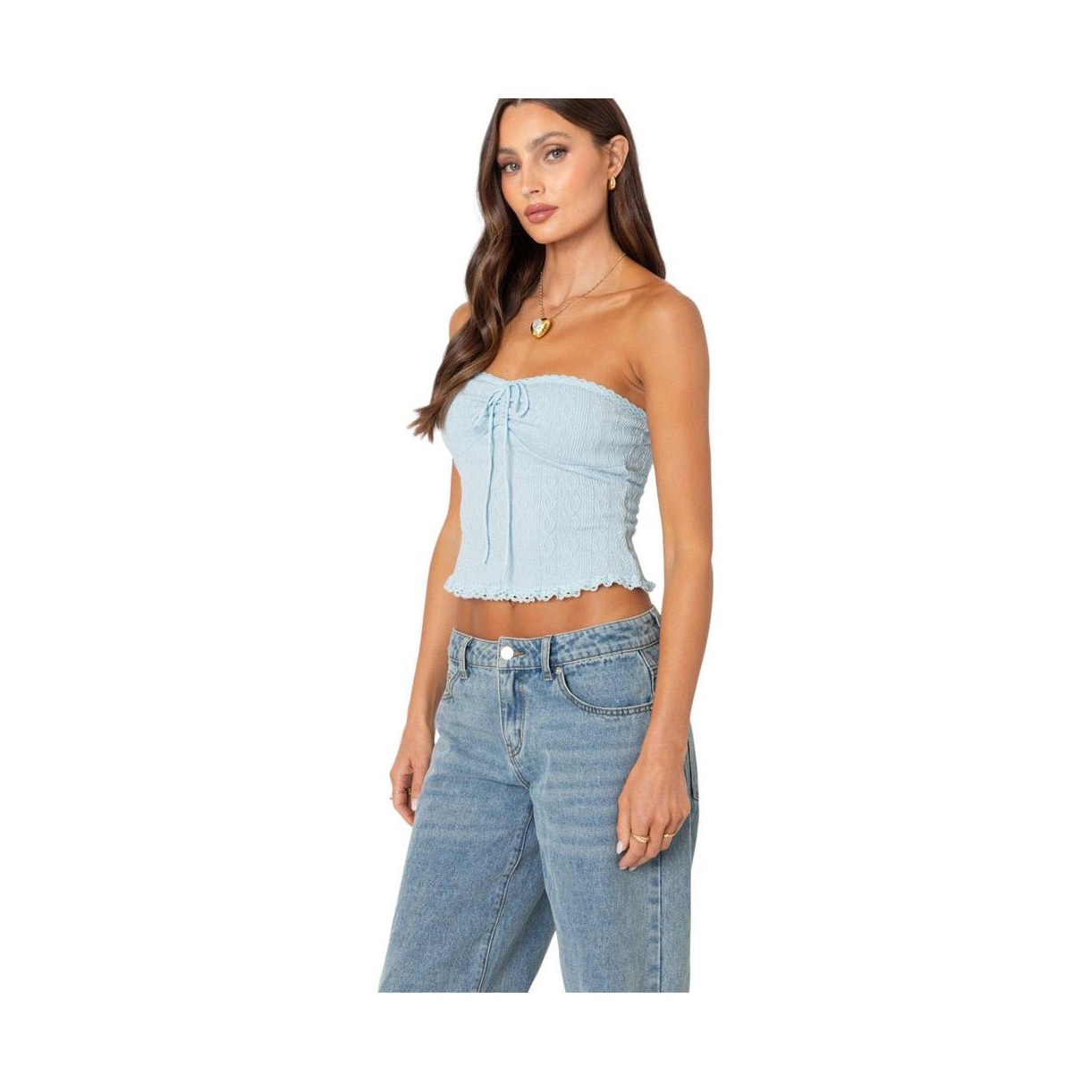 Edikted Women's Lacey Knit Tube Top - Light-blue
