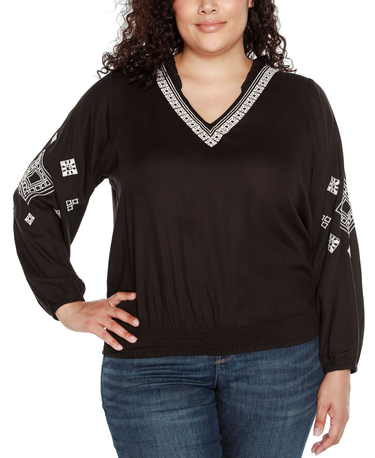 Black Label Plus Size Embroidered Blouson Sleeve V-Neck Blouse - Iced Latte