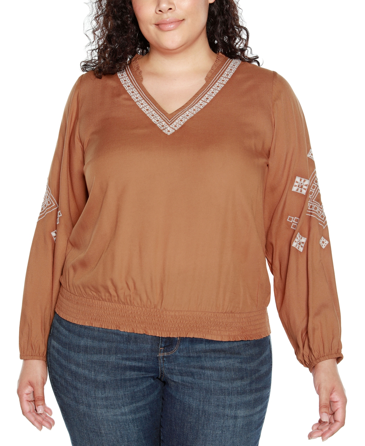 Black Label Plus Size Embroidered Blouson Sleeve V-Neck Blouse - Iced Latte