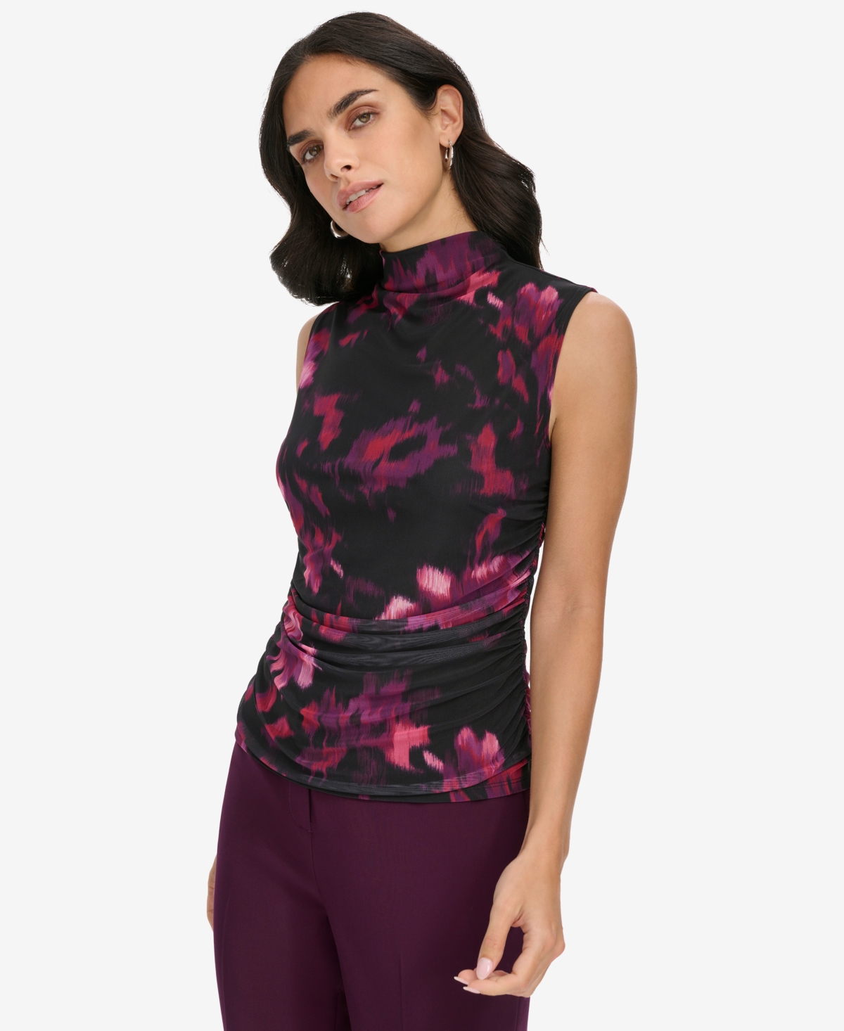 Calvin Klein Petite Floral-Print Ruched Blouse