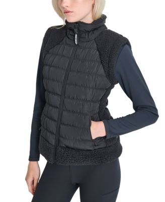 Women's Horizontal Channel Quilted Mock Neck Puffer Vest with Sherpa