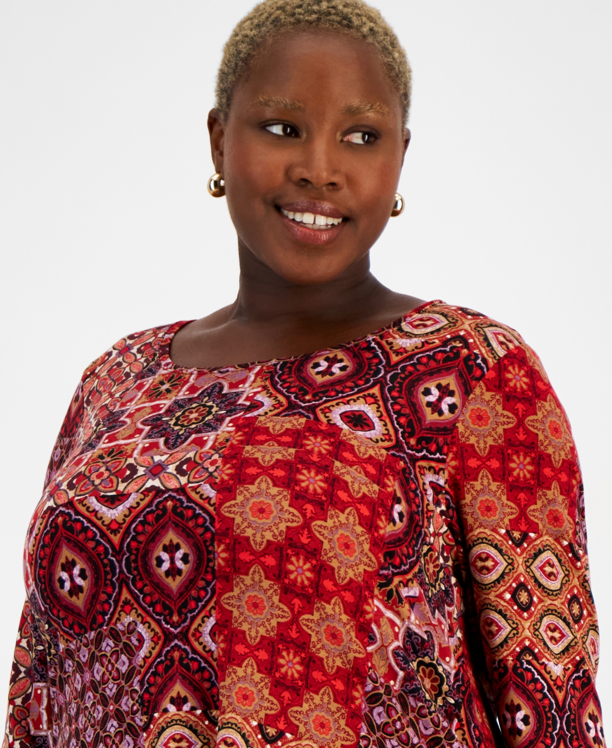 Jm Collection Plus Size Regal Tiles 3/4-Sleeve Top, Created for Macy's