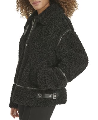 Women's Faux-Leather-Trim Teddy Moto Coat