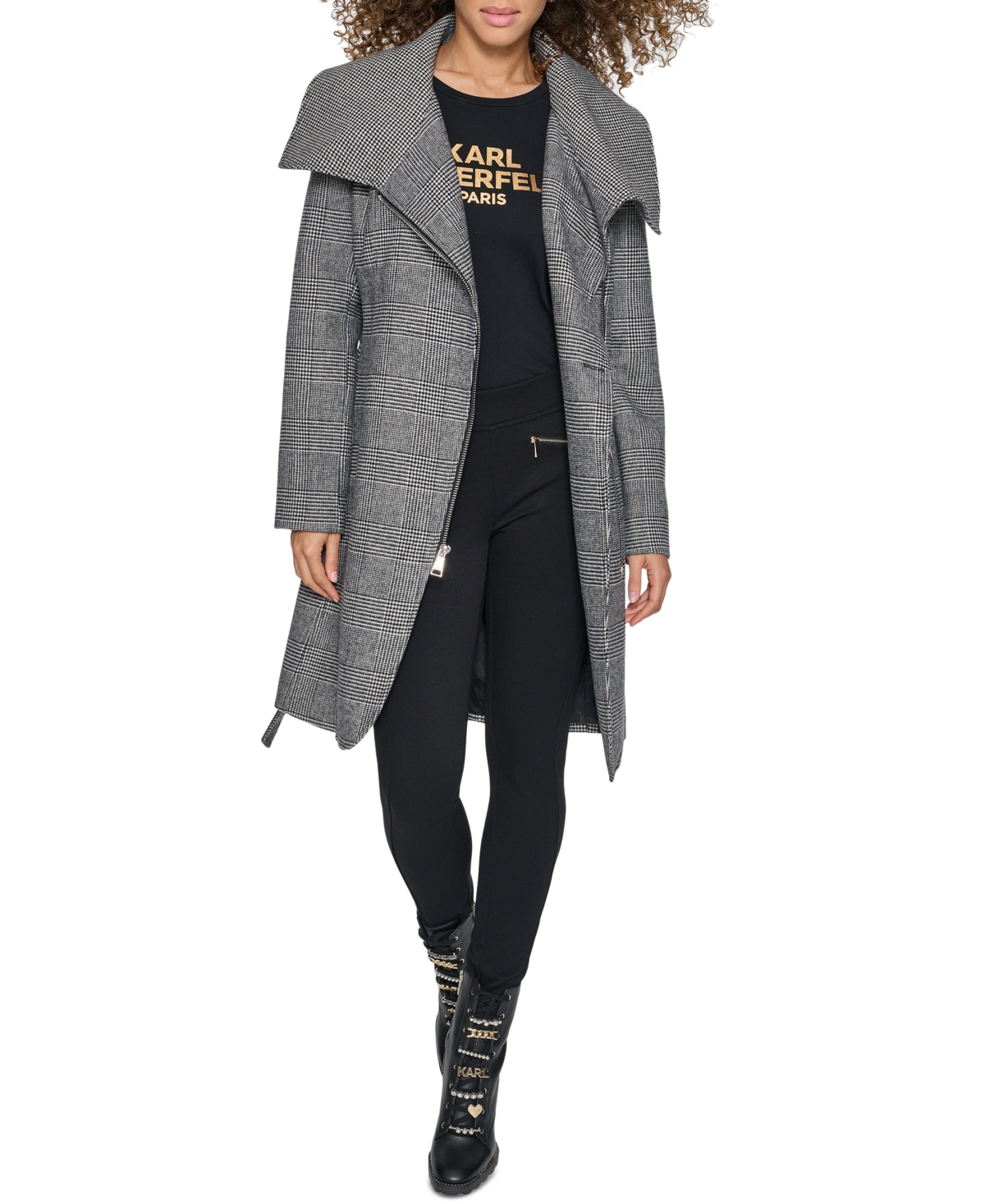 Karl Lagerfeld Paris Women's Houndstooth Wrap Coat -White