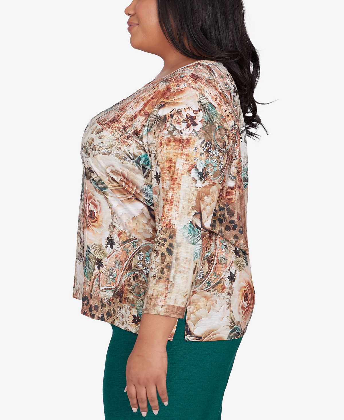 Alfred Dunner Plus Size Emerald Isle Center Lace Floral Print Top