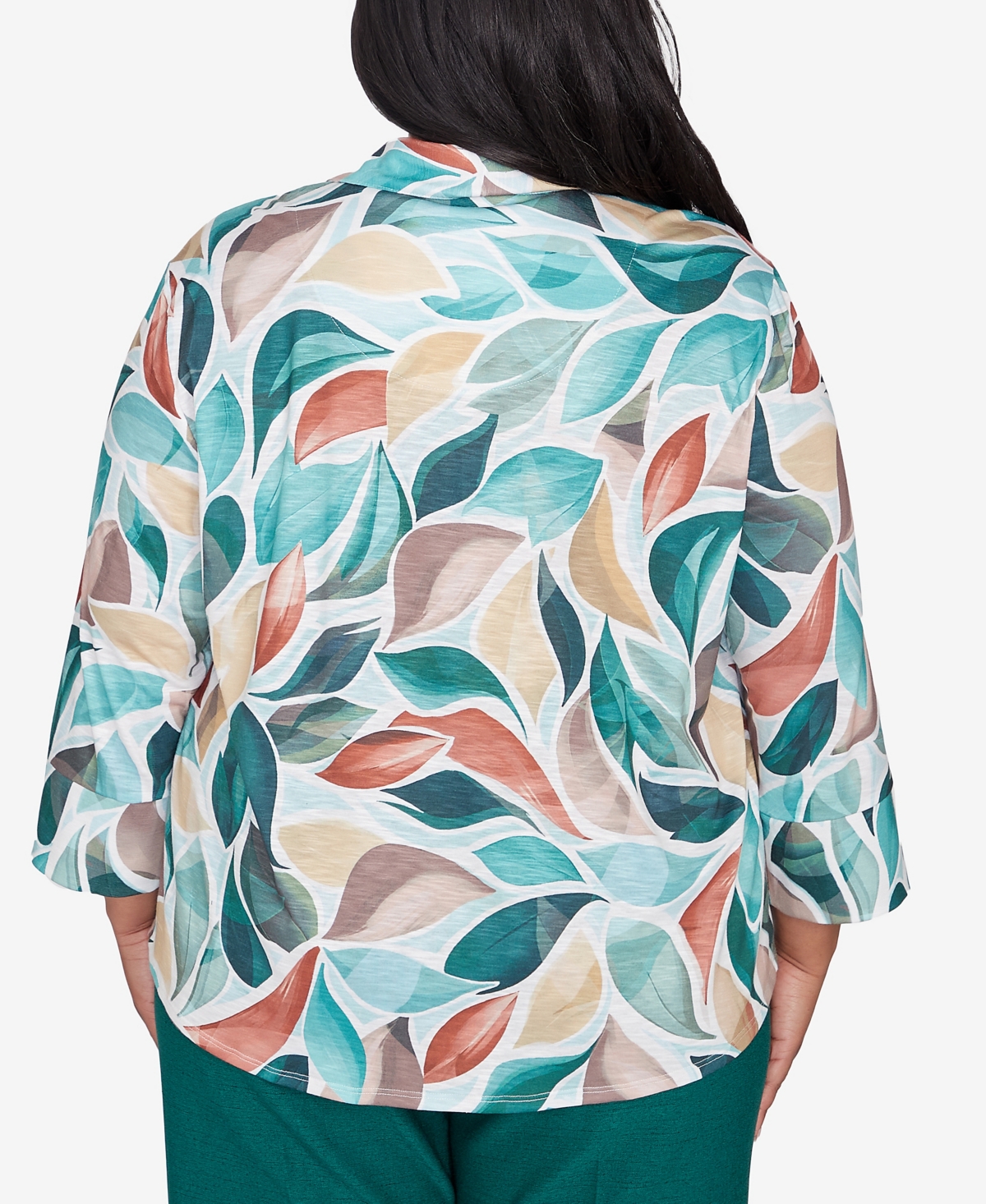 Alfred Dunner Plus Size Emerald Isle Abstract Leaf Top Bell Sleeve Button Front Top
