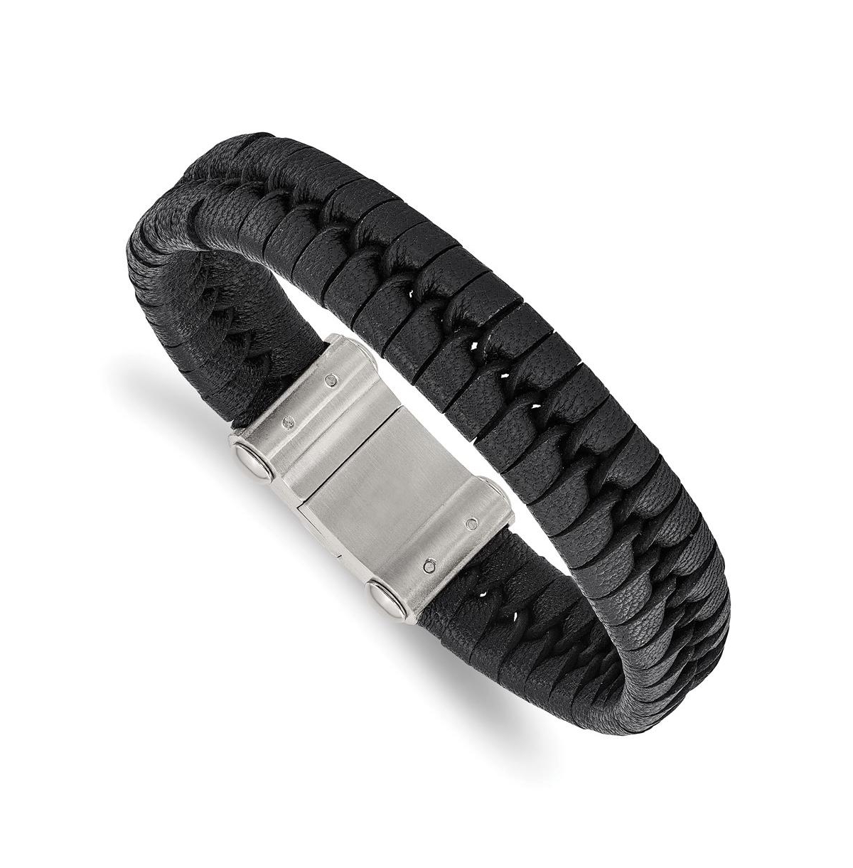 Stainless Steel Brushed Black Leather Bracelet
