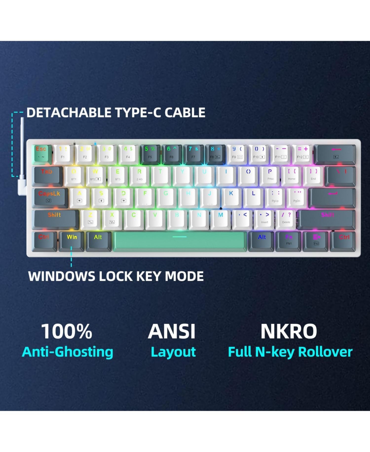 Machineke Machenike K500-B61W 60% Wireless Mechanical Gaming Keyboard, 61 Keys Ultra-Compact Hot Swappable Linear Red Switch, Dynamic Rgb Backlit, Ant