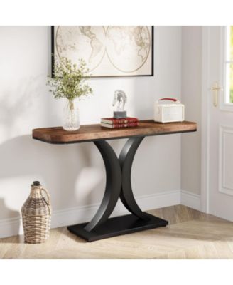 Modern Gold Console Table, 40 inch Narrow Entryway Foyer Table with Geometric Base, Rustic Hallway Accent Table for Living Room, Entrance