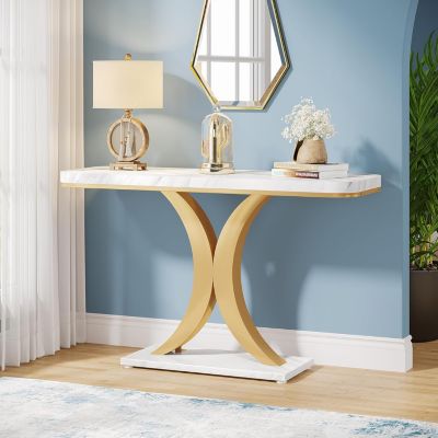 Modern Gold Console Table, 40 inch Narrow Entryway Foyer Table with Geometric Base, Rustic Hallway Accent Table for Living Room, Entrance