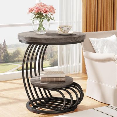 Round End Table: 2 Tiers Faux Marble Side Table, Bedside Nightstand, Metal Arc-Shaped Frame Accent Table