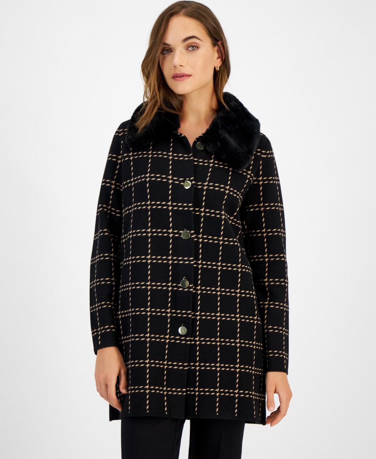 Kasper Women's Faux-Fur-Collar Knit Coat -Camel