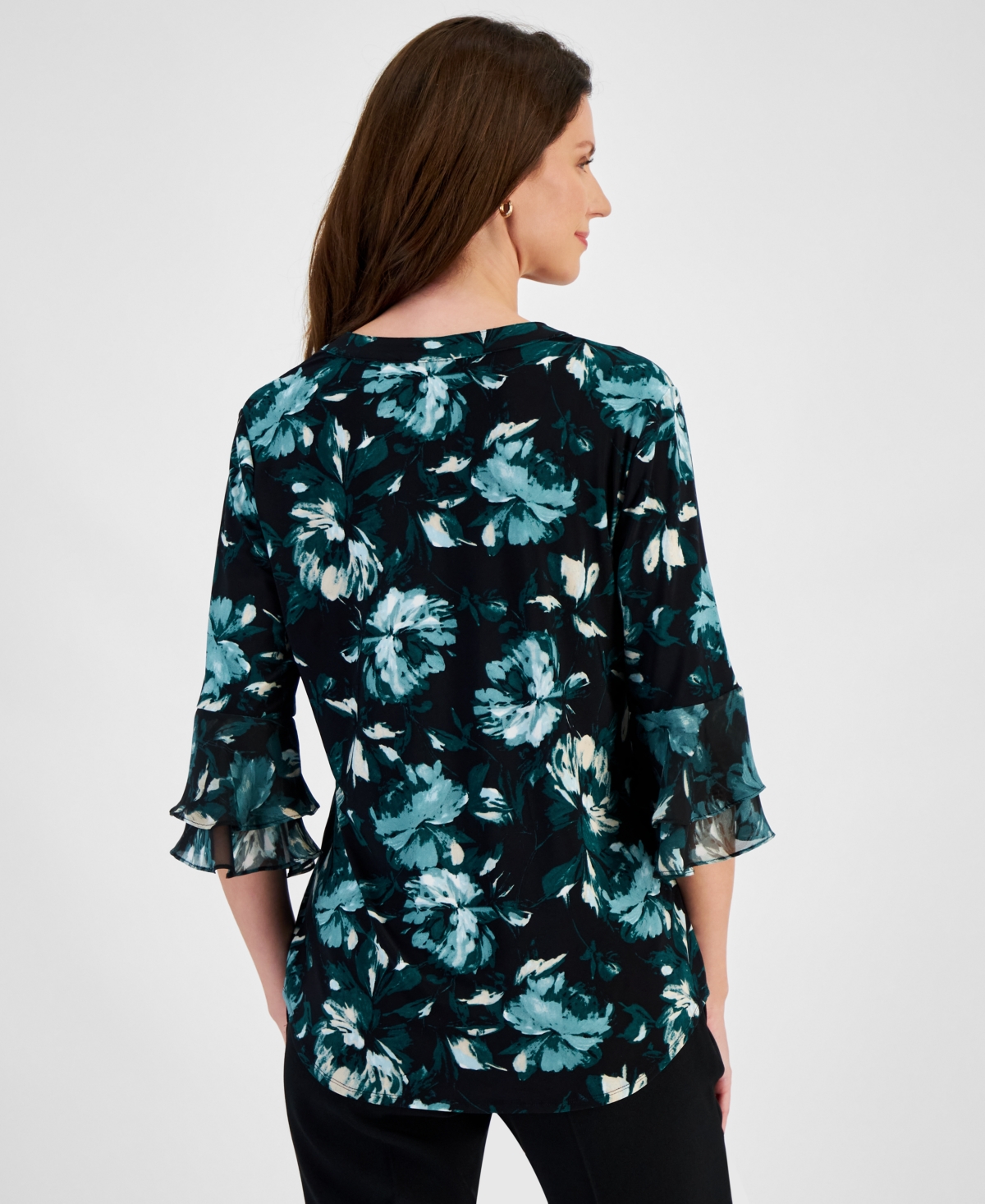 Kasper Women's Floral Print Split-Neck Bell-Sleeve Blouse