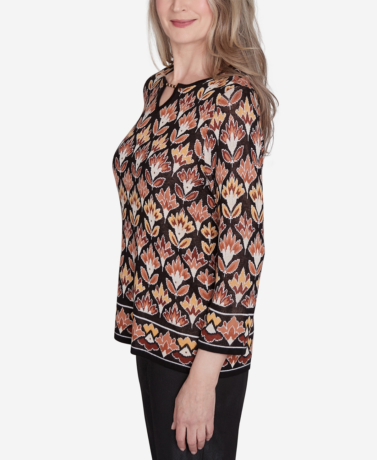 Alfred Dunner Plus Size Rue Rivoli Medallion Beaded Split Neck Sweater In Neutral Multi