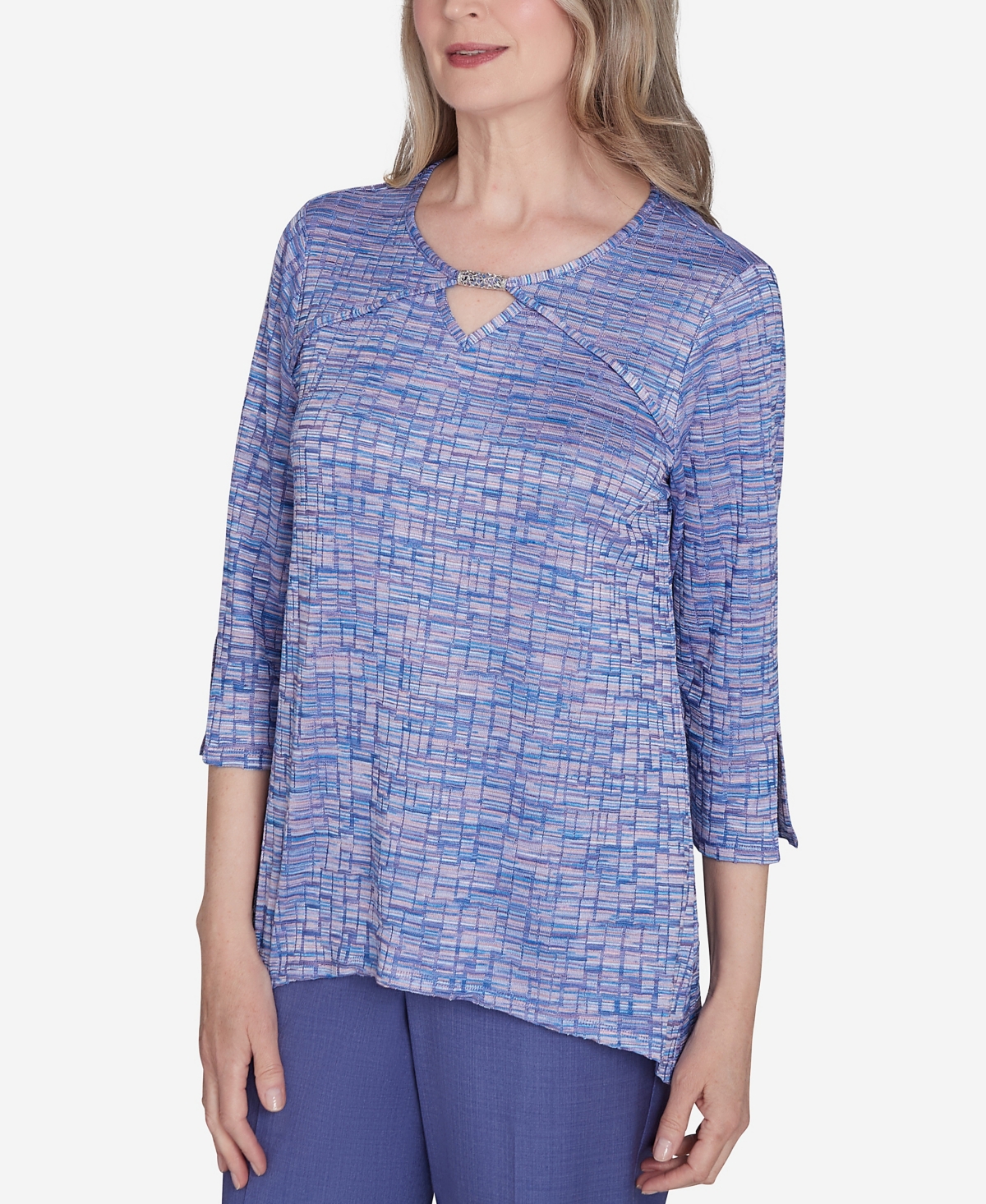 Alfred Dunner Women's Worth Avenue Space Dye Top with Detailed Charm on Neckline