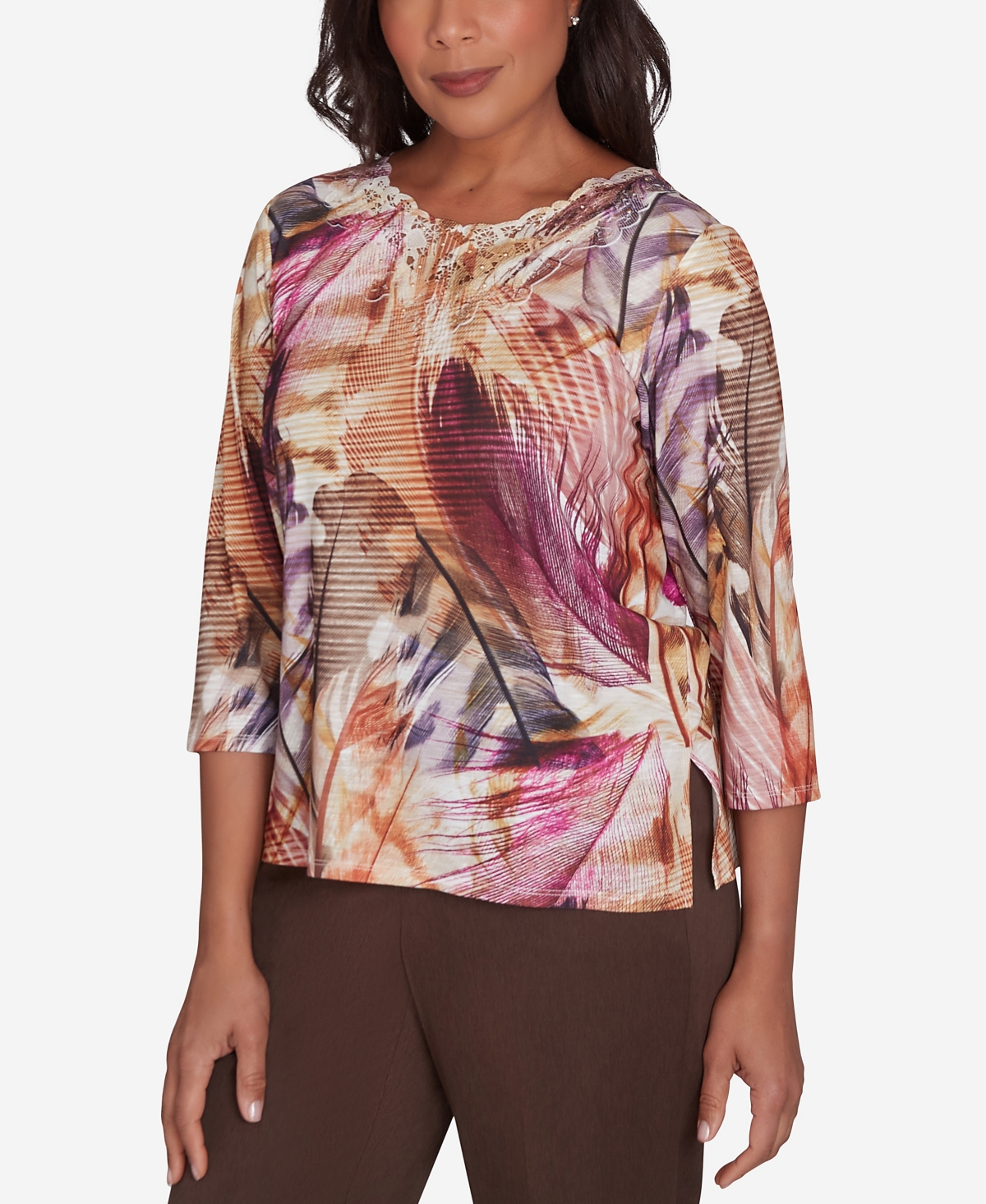 Alfred Dunner Women's Wine Country Feathers Lace Detailed Crew Neck Top