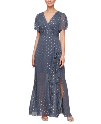 SL Fashions - Women's Foil-Print V-Neck Ruffle-Trim A-Line Dress