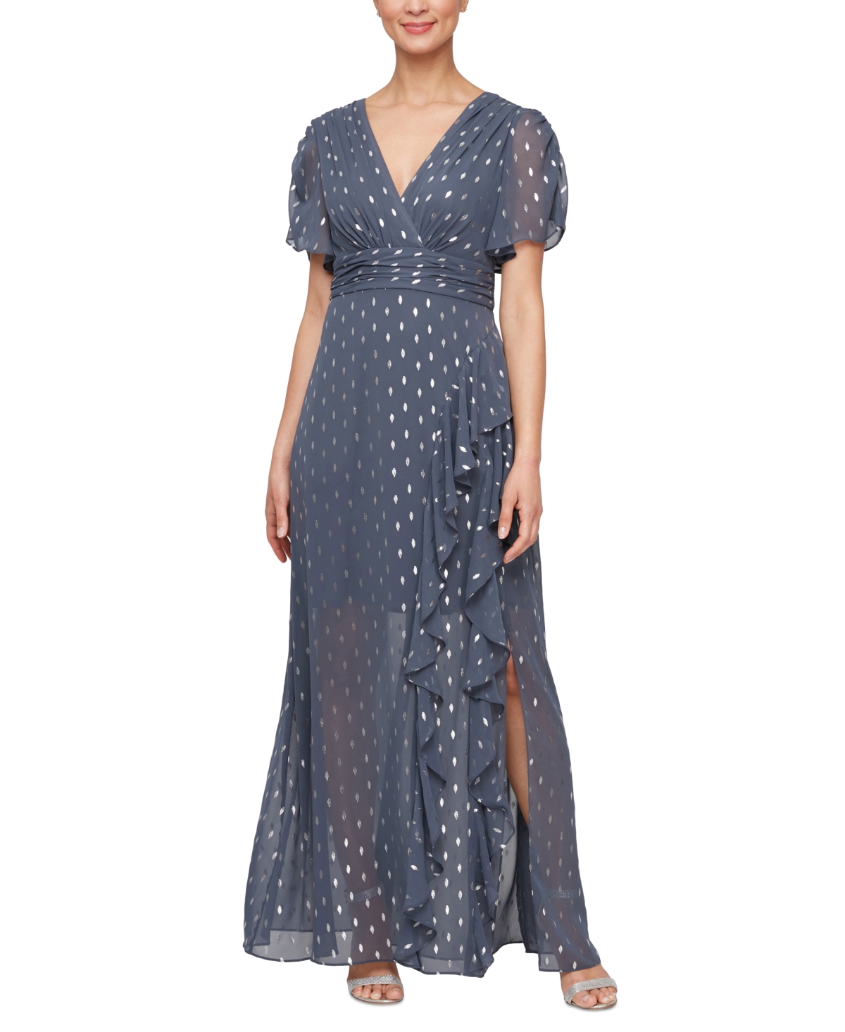 Women's Foil-Print V-Neck Ruffle-Trim A-Line Dress - Steel