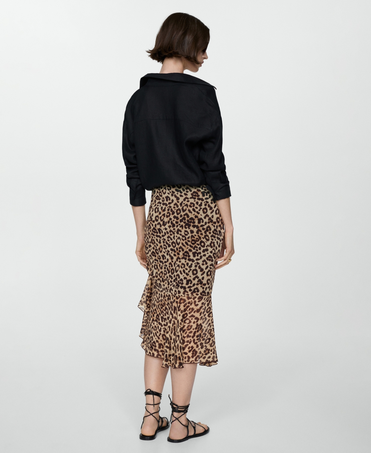 Mango Leopard Print Ruched Midi Skirt In Black