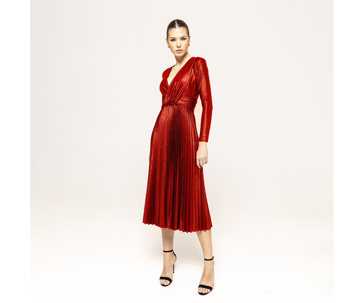 Nissa Women's Pleated Lame Midi Dress